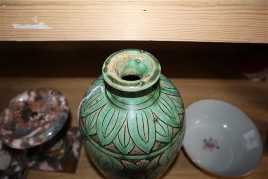 A Chinese Cizhou type green glazed mandarin duck vase height 31cm